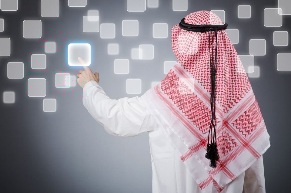 A Young Arab Pressing A Virtual Button