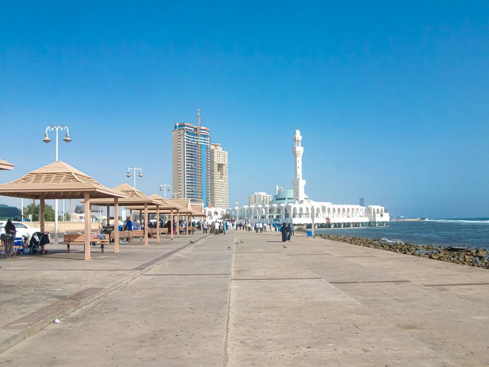 Panoramic View Of Jeddah Corniche With Al Rahma Mosque